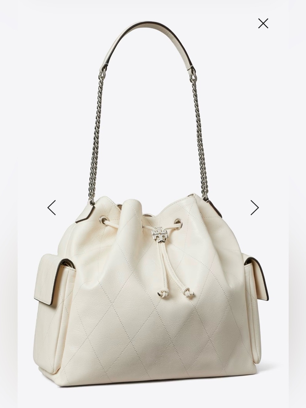Tory Burch LARGE CHARLIE QUILTED DRAWSTRING SHOULDER BAG - White Cream Like New